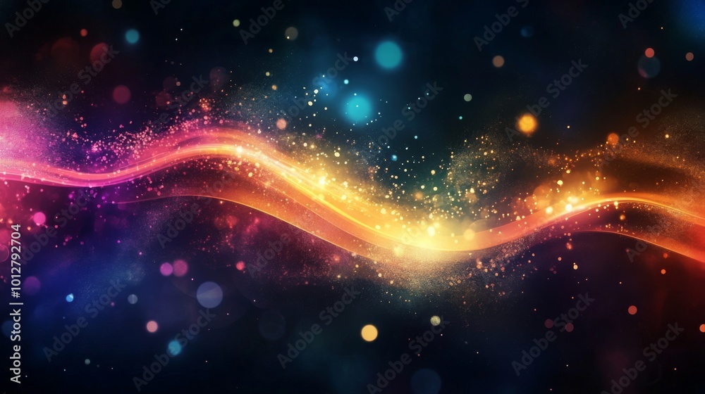 Poster a vibrant wave of colorful light and sparkles on a dark background, showcasing dynamic motion and en