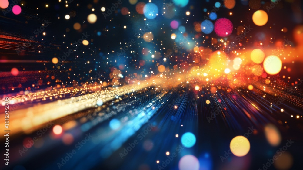 Poster A vibrant abstract illustration featuring radiant light trails and colorful bokeh effects, creating a sense of movement and depth.