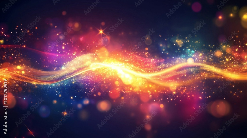 Poster a vibrant swirl of colorful lights and sparkles against a dark background, creating a magical and en