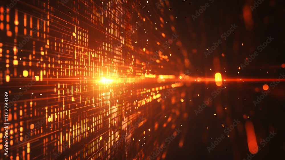 Leinwandbilder a dynamic, abstract scene of glowing particles and light beams, creating a sense of depth and moveme