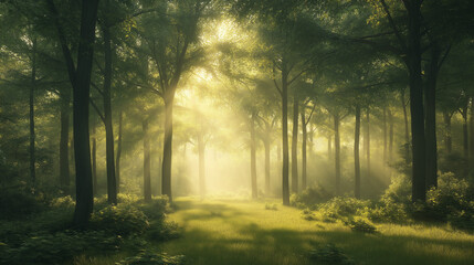 Naklejka premium Tranquil forest scene with sunlight streaming through lush trees and vibrant greenery