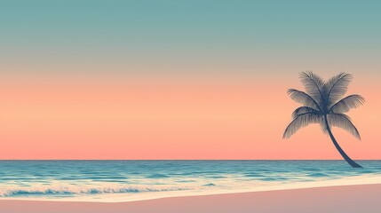 A serene beach scene featuring a palm tree silhouetted against a pastel sunset sky, evoking tranquility and relaxation.