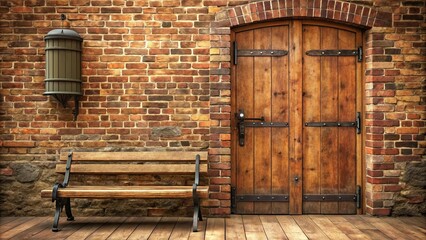 Rustic wooden door, weathered brick wall, and an aged wooden bench with iron accents create a charming outdoor scene.