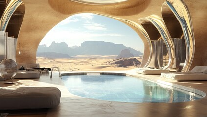 Fototapeta premium A futuristic pool in the middle of an ancient desert