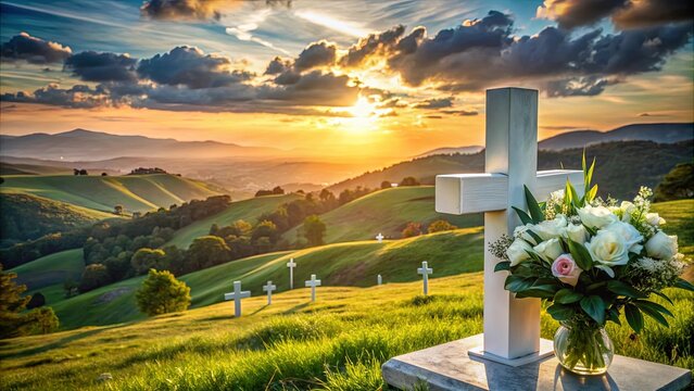 A white cross stands tall in a grassy field, bathed in the warm glow of the setting sun, surrounded by rolling hills and a bouquet of white roses in a clear vase.