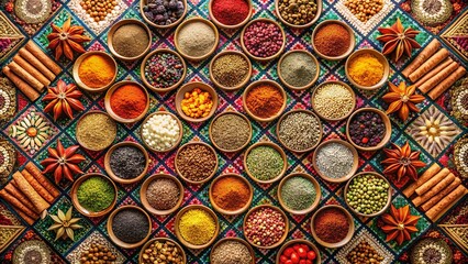 Image of A Symphony of Spices in Diverse Bowls, Arranged in a Geometric Pattern on a Colorful Textile printed on Printed Glass Splashbacks