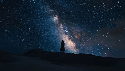 Fototapeta premium Photograph people in the wilderness at night with the Milky Way or stars above them, focusing on the contrast between the vast sky and human presence