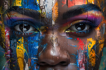 A close-up portrait of a Black female adorned with vibrant face paint, showcasing a blend of colors that express artistic creativity.