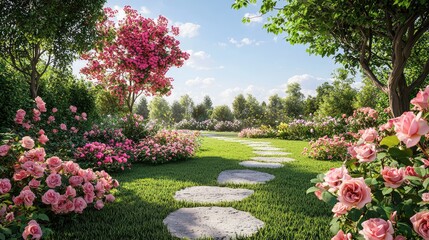 A serene garden pathway surrounded by blooming flowers and lush greenery under a bright blue sky.