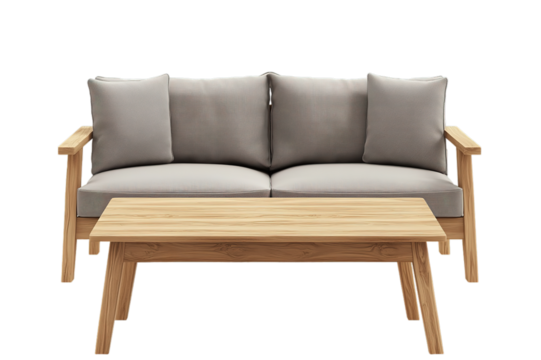 Modern grey sofa and wooden table on white background
