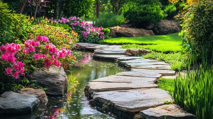 Fototapeta premium A serene garden scene featuring a winding stone path bordered by vibrant flowers and lush greenery, perfect for relaxation.