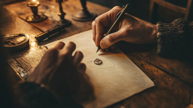 A jeweler carefully sketches a beautiful ring design on a piece of paper, sitting at a wooden table.