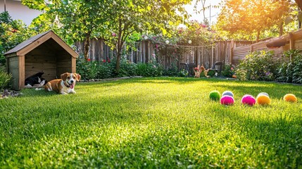 A serene garden with playful dogs enjoying colorful balls in lush green grass and a cozy doghouse under the warm sun.