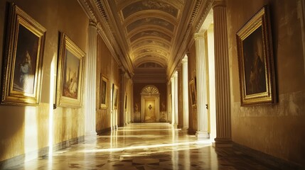 Fototapeta premium A serene hallway adorned with classic paintings, showcasing elegant architecture and soft light that creates a warm atmosphere.