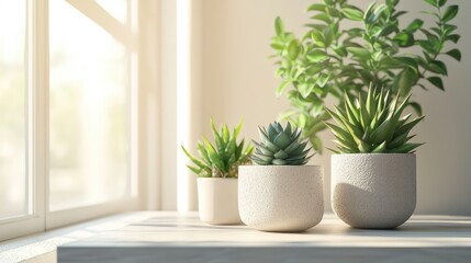 Obraz premium A serene indoor scene featuring various potted plants basking in natural light by a window, perfect for a calming atmosphere.