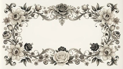 Ornate Floral Border in Monochromatic Hues, Enchanting a Blank Canvas with Delicate Flourishes and Elegant Blossoms