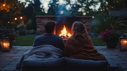 Cozy evening by the fire with a couple wrapped in blankets, enjoying warmth and conversation under a serene night sky.