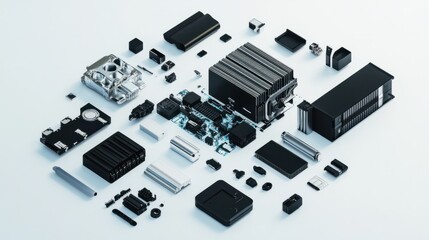 A disassembled EV battery pack revealing internal components, cells, and cooling elements, isolated on white