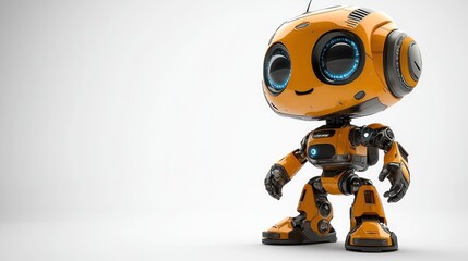 A cheerful orange robot with large eyes and a friendly demeanor.