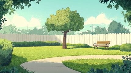 Fototapeta premium A serene park scene with a lush tree, inviting bench, and winding path, perfect for relaxation and nature appreciation.