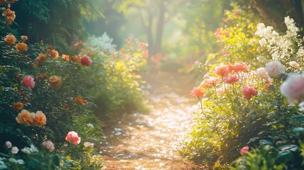 A serene pathway through a vibrant garden filled with colorful flowers and soft sunlight filtering through the trees.