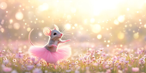 Obraz premium Joyful Mouse in Tutu Dancing in a Field of Flowers