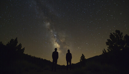 Fototapeta premium Photograph people in the wilderness at night with the Milky Way or stars above them, focusing on the contrast between the vast sky and human presence