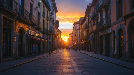 A serene street view at sunset, showcasing beautiful architecture and a peaceful atmosphere in a lively urban setting.