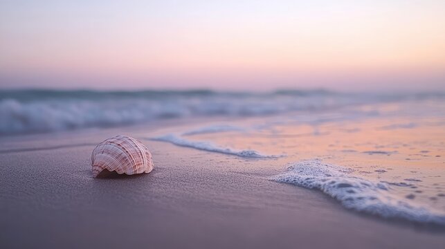 A serene seashell lies on the sandy shore, kissed by gentle waves and painted by the soft colors of a sunset.
