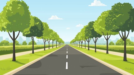 A serene tree-lined road under a clear blue sky, perfect for evoking nature, tranquility, and travel in your projects.