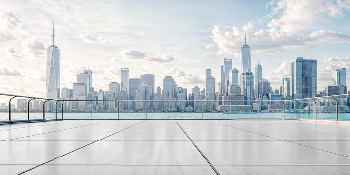 Empty floor and stunning view of city skyline, car backplate.