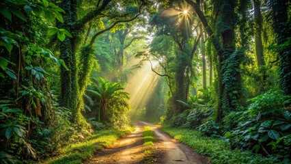 Fototapeta premium A sunlit path through a verdant forest, dappled with light and shrouded in a gentle mist, leading to a secret clearing.