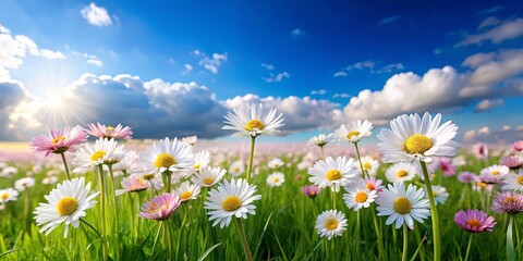 Fototapeta premium A field of white and pink daisies basks in the warm glow of the sun, with a bright blue sky dotted with fluffy clouds overhead.