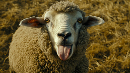 Obraz premium A sheep with a funny expression, sticking its tongue out.