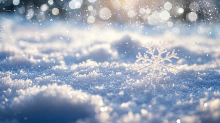 Fototapeta premium A snowy winter scene with falling snow, perfect for a Christmas background. The sky is filled with snowflakes of all shapes and sizes, while snowdrifts cover the ground.