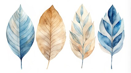 Obraz premium A Delicate Watercolor Illustration Featuring Four Abstract Leaves in Hues of Blue and Brown, Each With Unique Shapes and Veining, Isolated on a White Background