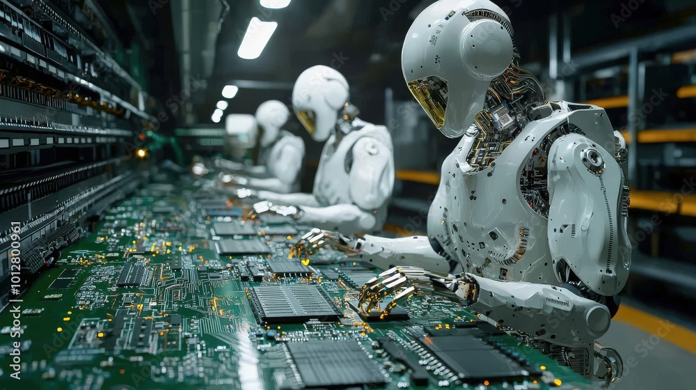 Poster robots assembling circuits in a modern factory
