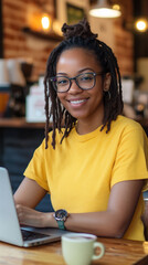 African-American woman glasses sitting table cafe working laptop