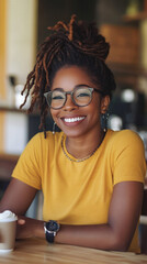 African-American woman glasses sitting table cafe working laptop