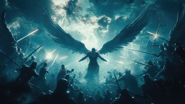 A vibrant illustration of a powerful angel leading a celestial army, set against a dramatic, cloudy sky.