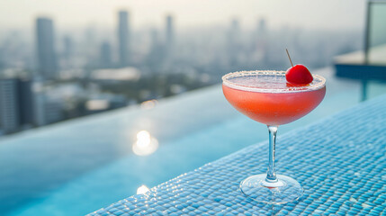 Beautiful rooftop infinity swimming pool background, Refreshing summer cocktail with ice cubes and...