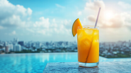 Beautiful rooftop infinity swimming pool background, Refreshing summer drink with ice cubes and fruits on swimming pool background, summer vacation, holiday vibe