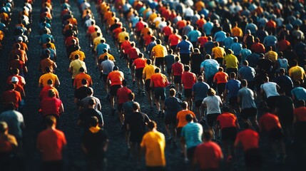 Aerial view of a large group of people participating in a vibrant outdoor event, showcasing diversity and energy.