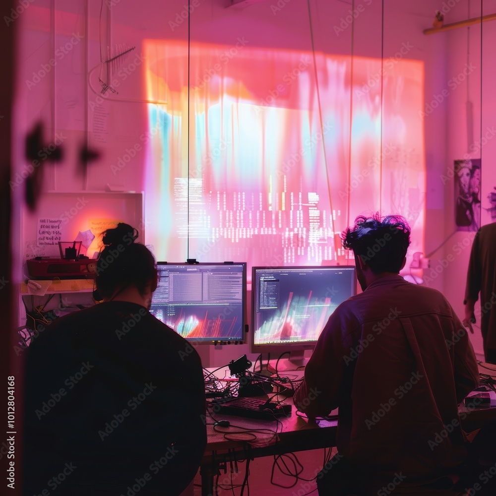 Poster programmer working at computer in creative studio