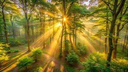 Obraz premium Golden Light Bathes the Forest Floor, A Tapestry of Sunlight and Shadows in a Verdant Grove