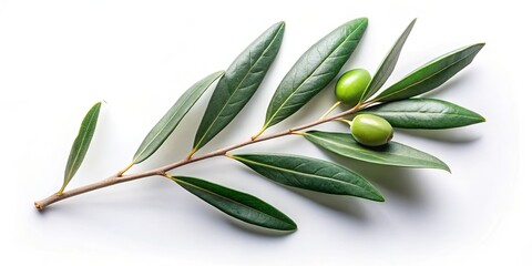 Obraz premium A single olive branch, with two ripe olives, rests on a clean white surface, showcasing the vibrant green hues of nature.
