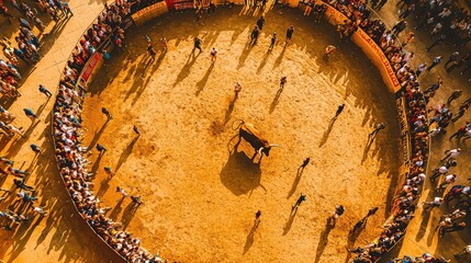 Aerial view of traditional bullfighting event with spectators surrounding the ring, showcasing cultural heritage and excitement.