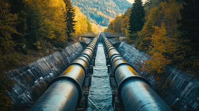 Aerial view of parallel pipelines flowing through a scenic landscape surrounded by trees and mountains, showing natural beauty.