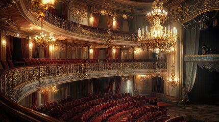 Obraz premium An elegant theater interior featuring plush seating, ornate chandeliers, and warm lighting, perfect for performances and events.