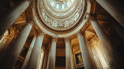 Obraz premium An elegant view of a grand architectural dome, showcasing intricate details and majestic columns from below.